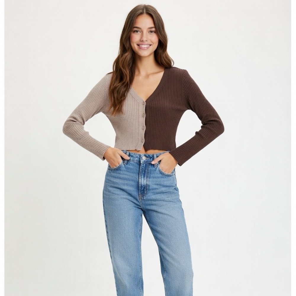 Garage Two-Tone Ribbed Cropped Cardigan